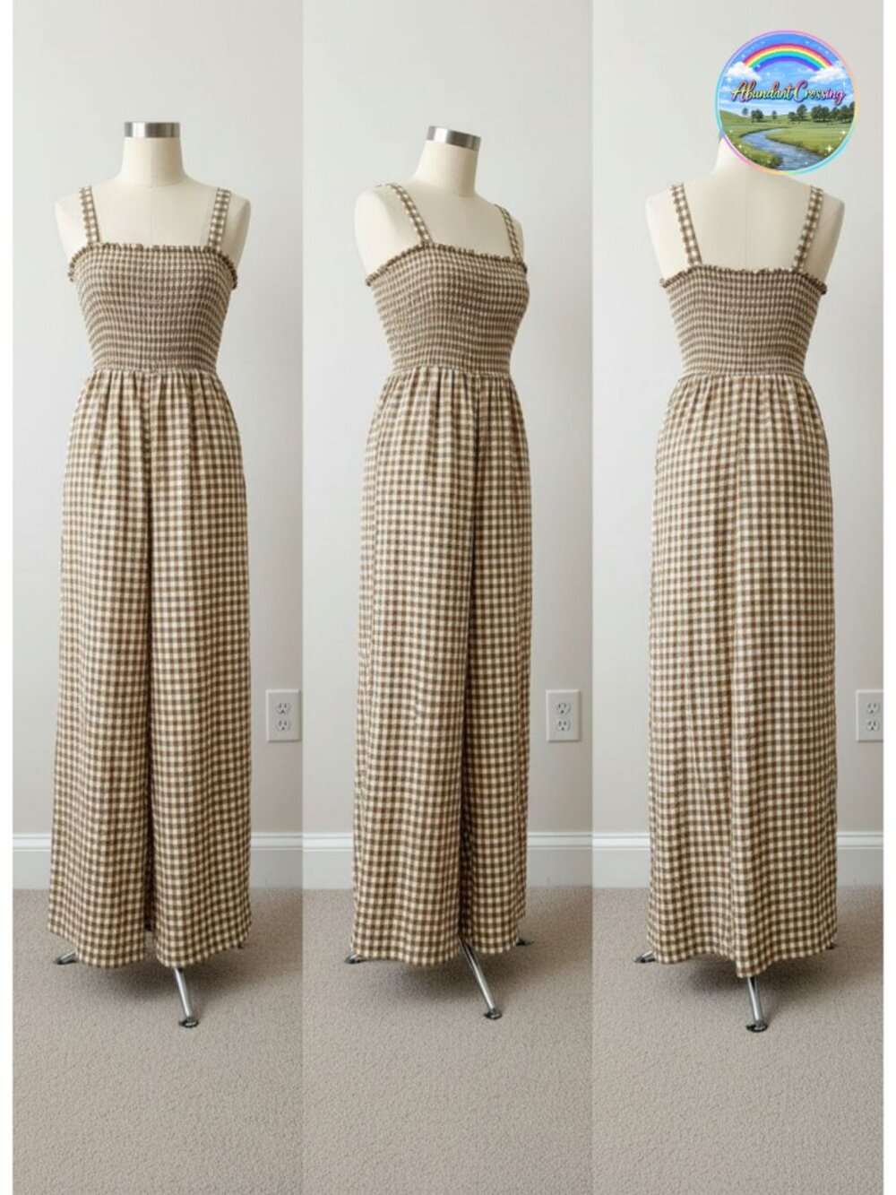 PRETTYGARDEN Womens Gingham Jumpsuit Wide Leg Smocked Sleeveless Square Neck